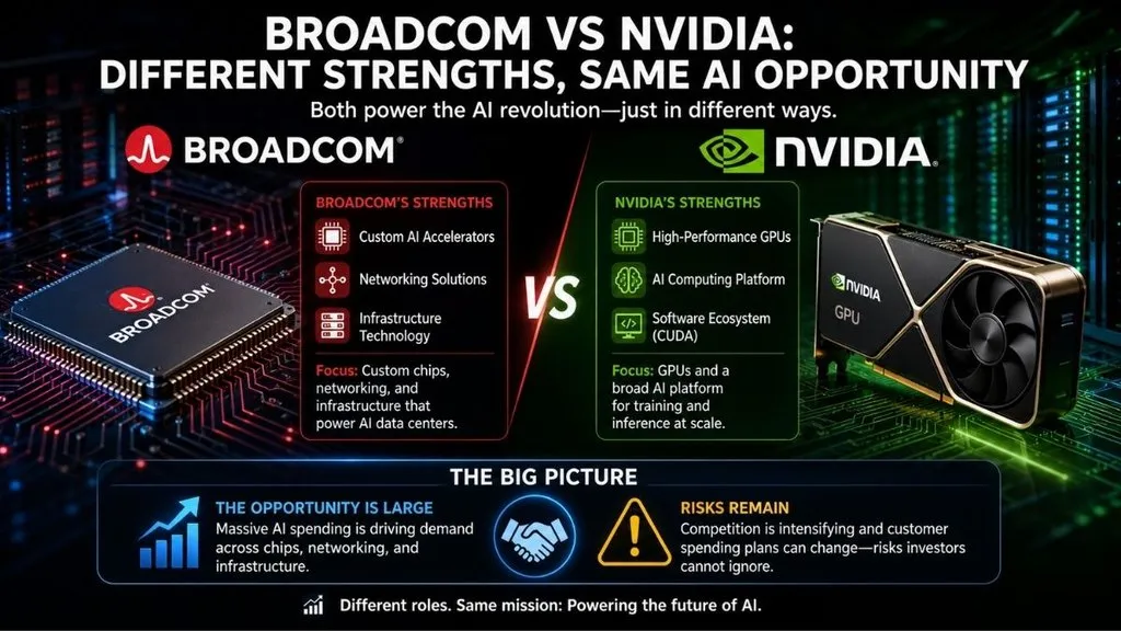 Broadcom vs Nvidia comparison showing AI chips and technology strengths