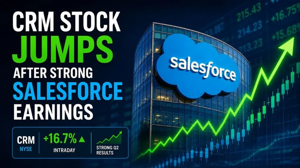 Salesforce building with rising CRM stock chart after strong earnings.