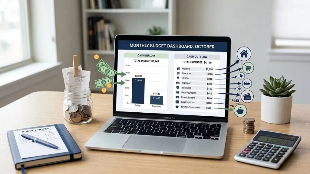  Financial budget showing income, household expenses, savings, and debt payments.