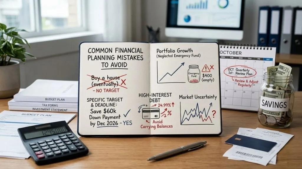Common financial planning mistakes involving debt, investments, vague goals, and outdated plans.