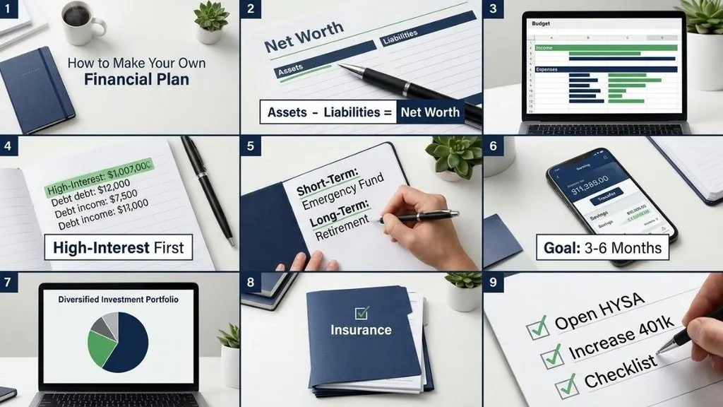 Financial plan showing income, expenses, savings, debt, investments, and financial goals.