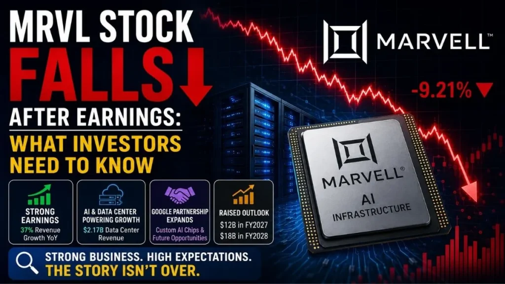 MRVL stock falling after earnings with a declining chart, Marvell AI chip and data center graphics.