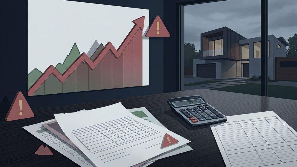 HELOC risk illustration with home, rising interest rate graph, and budget