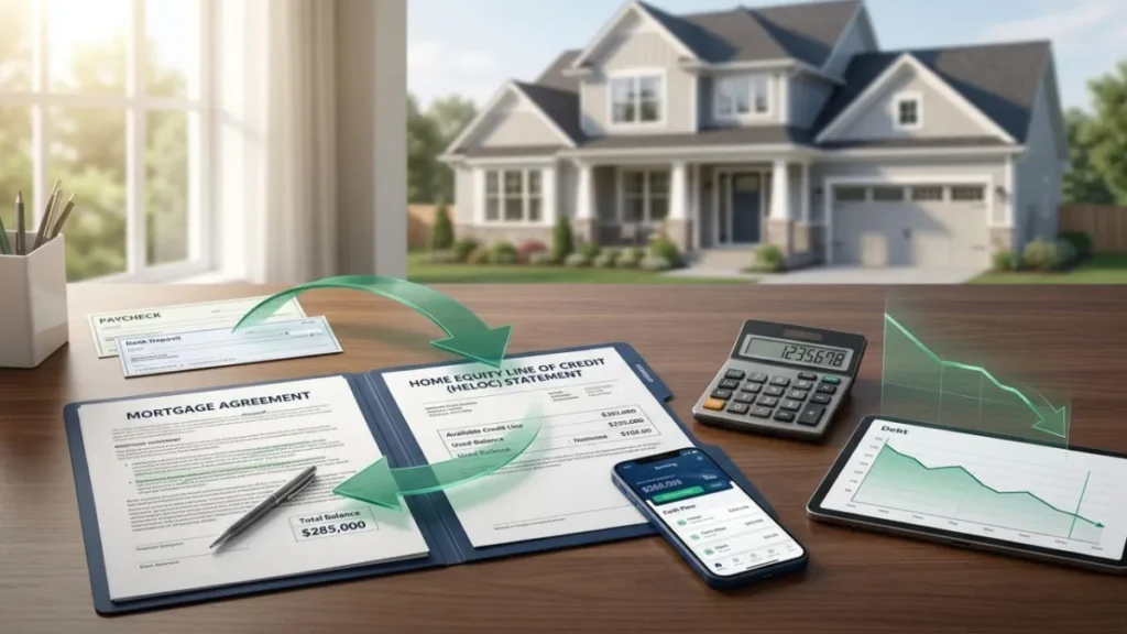 Velocity banking strategy with home, HELOC, mortgage and debt graph