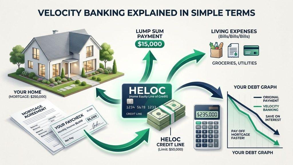 Simple velocity banking illustration showing a home, HELOC, mortgage, paycheck, calculator, and declining debt graph.