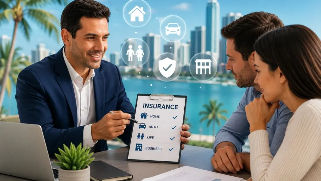 Insurance broker in Miami discussing home, auto, life, and business insurance options with clients