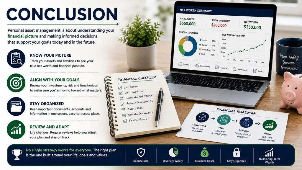 Financial dashboard showing assets, liabilities, goals, and diversification