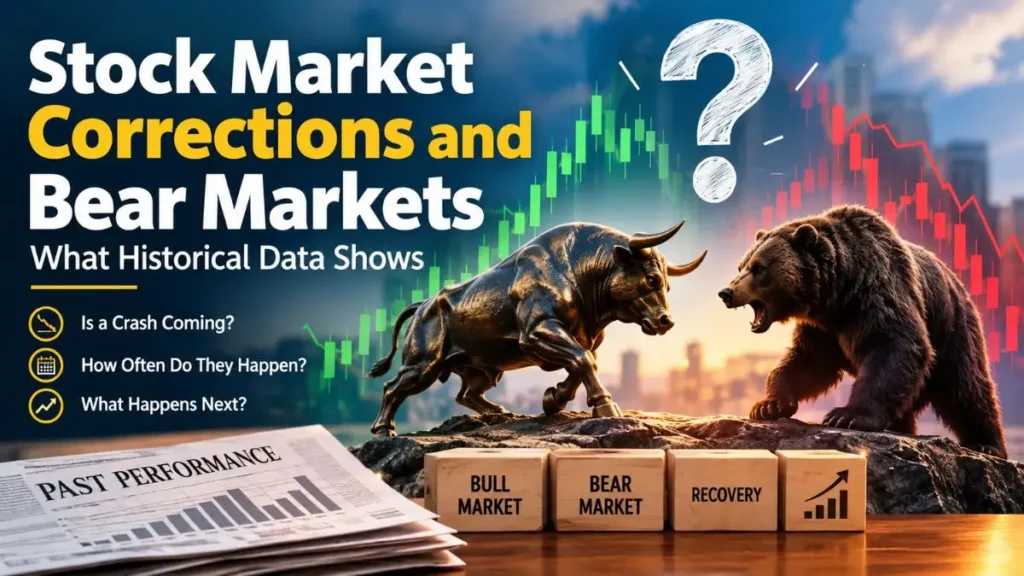 Stock market corrections and bear markets with bull and bear symbols