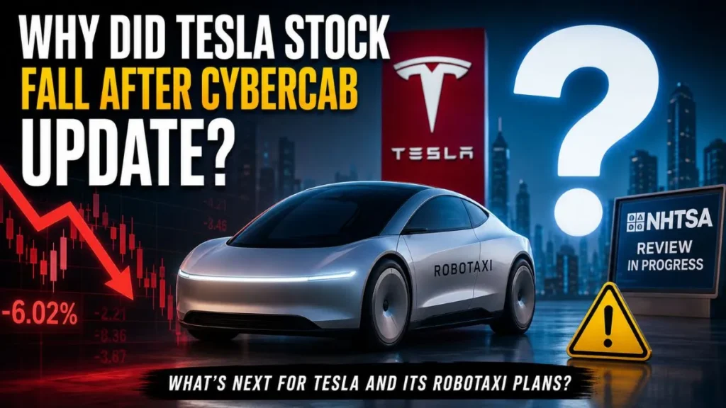 Tesla Cybercab robotaxi with falling stock market chart