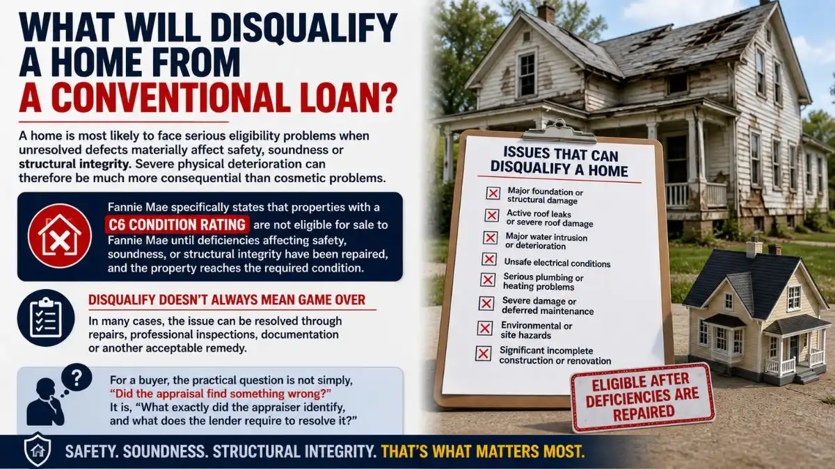 Home appraisal graphic showing serious defects and repairs.