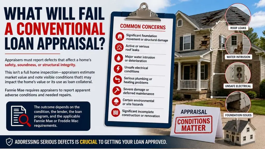 Appraisal infographic showing foundation, roof, water, electrical concerns.