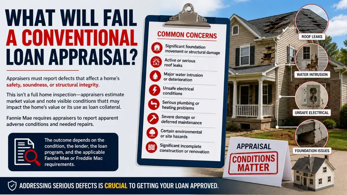 Conventional appraisal checklist highlights serious home condition issues.