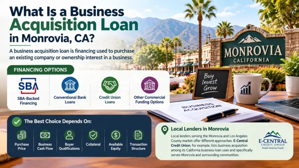 Business acquisition loan in Monrovia California with SBA financing, bank loans, credit union loans and commercial funding options